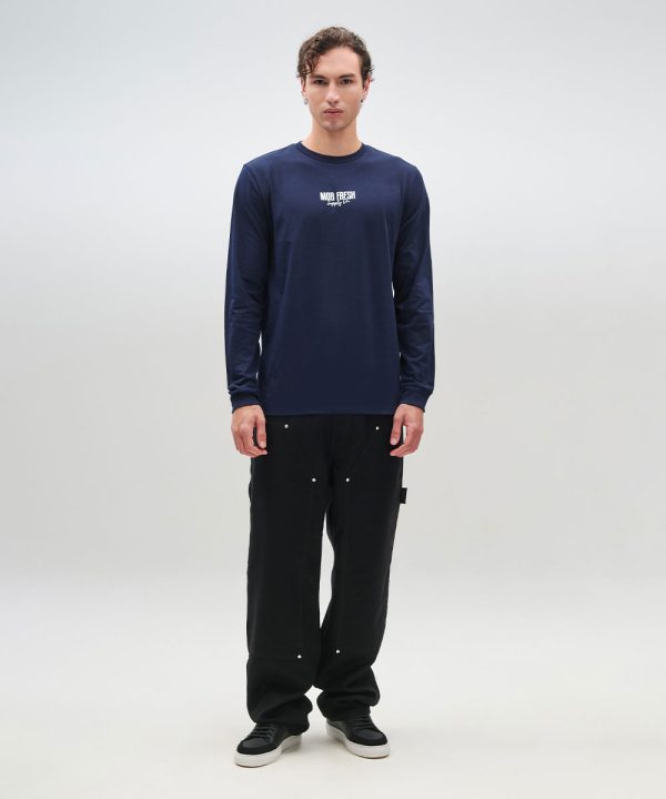 Navy long sleeve small stamp t shirt full length 1